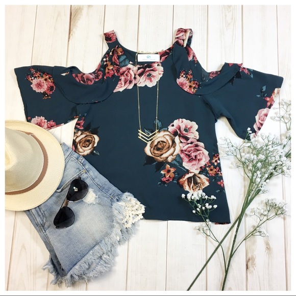 ✨LAST✨Dark teal Floral cold shoulder ruffle top - Picture 2 of 7